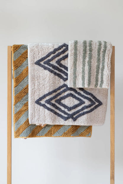 Hand Tufted 100% Cotton Bath Mat – Diagonal Lines Moss Green & Gold