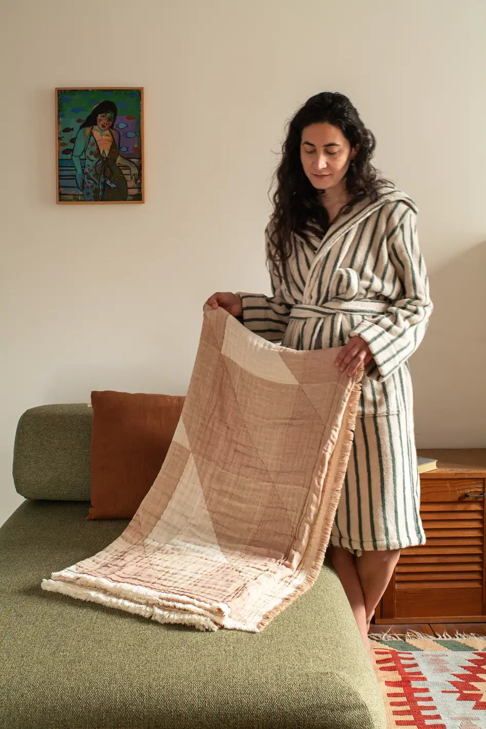 Neunest Striped Terry Bathrobe With a Hoodie