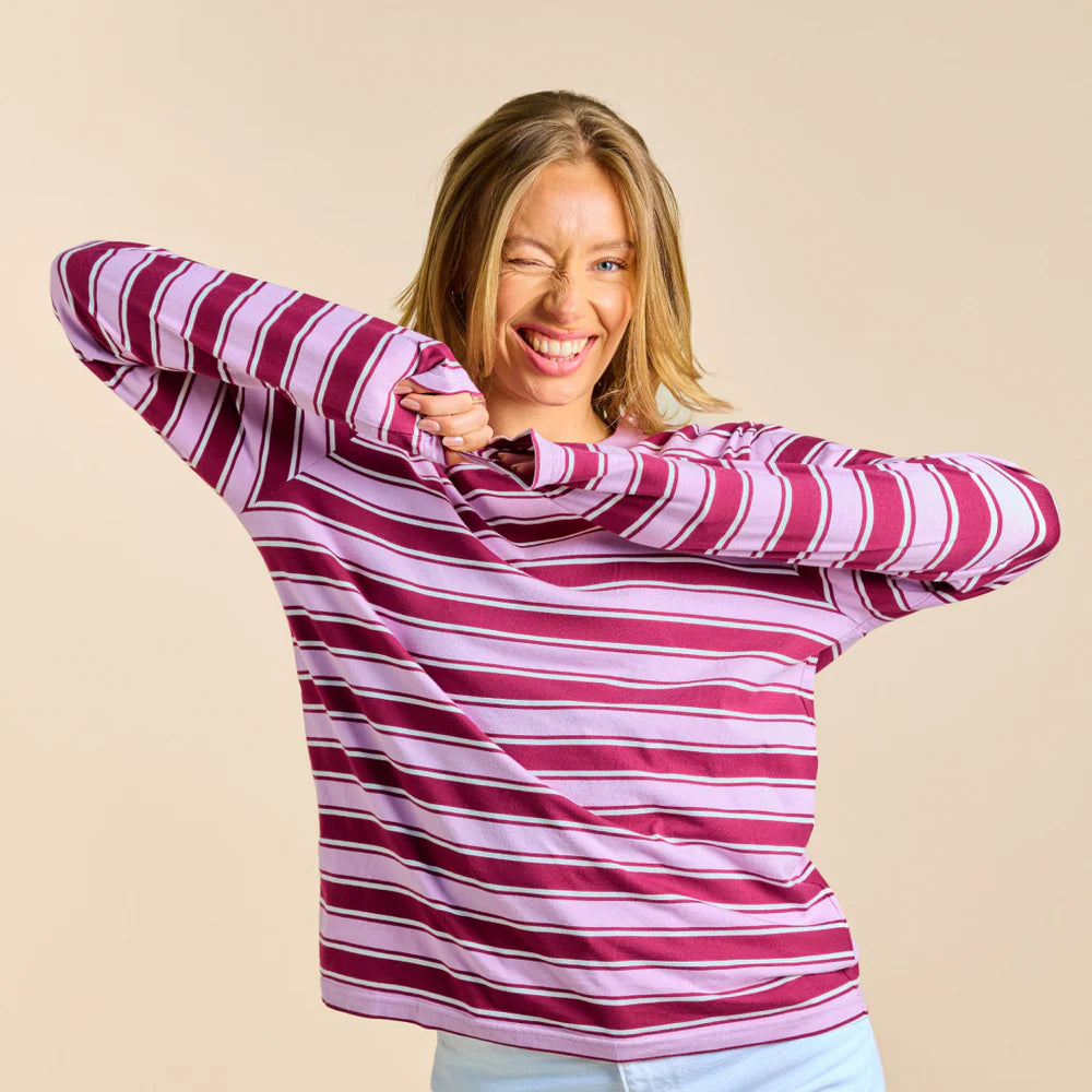 Organic Cotton Long Sleeve Shirt (Striped) in Aubergine/Pink