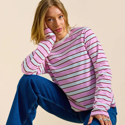 Organic Cotton Long Sleeve Shirt (Striped) in White/Pink