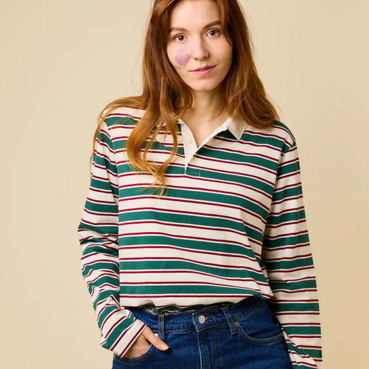 Organic Cotton Polo Shirt (Striped) in Dark Green/Bordeaux