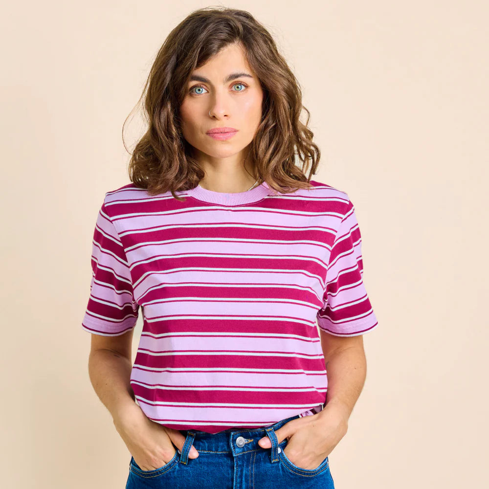 Organic Cotton T-Shirt (Striped) in Aubergine/Pink