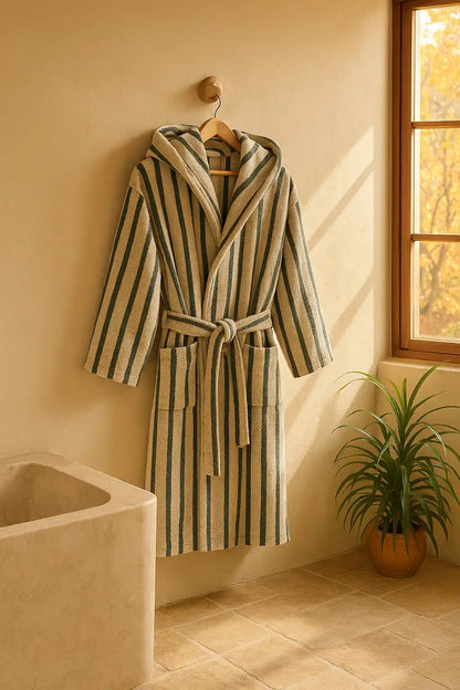 Neunest Striped Terry Bathrobe With a Hoodie